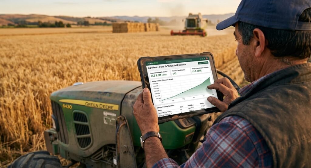Productor agrícola analizando el crecimiento de sus ventas directas en el panel de la plataforma B2B Agronexo desde su tablet en el campo.